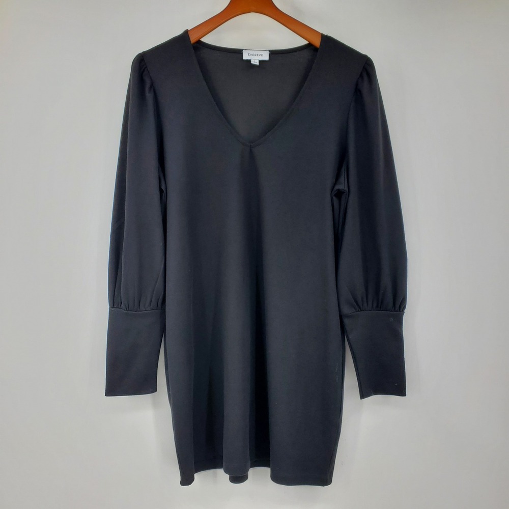 Evereve Black V-Neck Puff Long Sleeve Mini Dress Large Minimalist Academia Prep